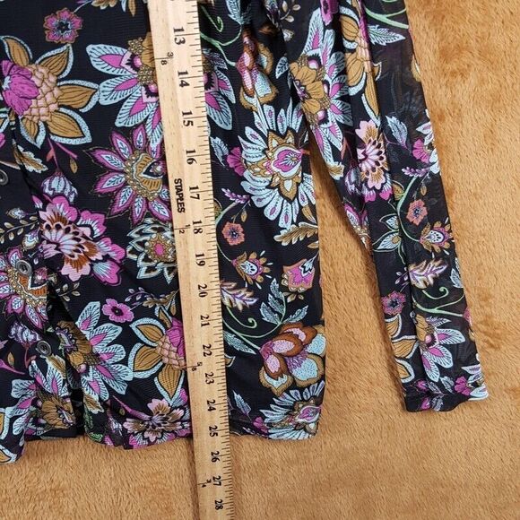 JANE + DELANCEY Top Womens Medium Black Floral Button Up Mesh Sheer Sleeve - Picture 7 of 8